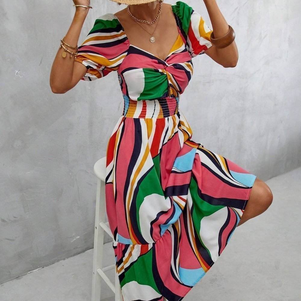 Contemporary Print Off Shoulder Ruffle Hem Dress - Picture 4 of 5